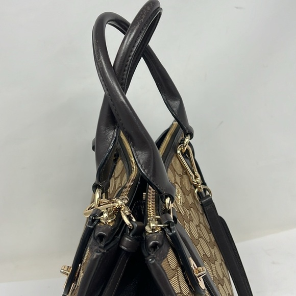 Coach Jacquard Logo and Brown Leather Satchel Shoulder Crossbody Bag - Picture 8 of 16